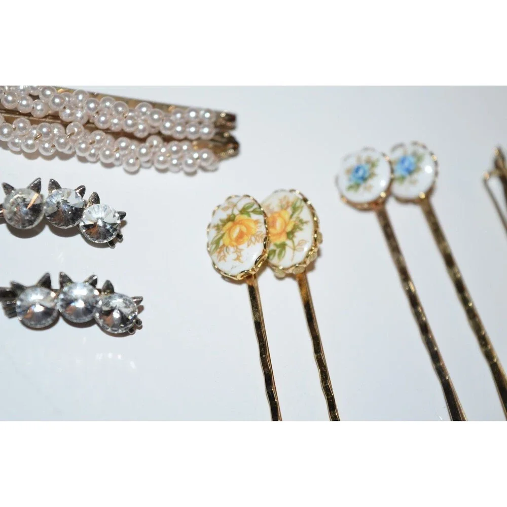 Vtg lot Floral Flower Ceramic Bobby Pin Hair Pins beads rhinestones cats 9pc